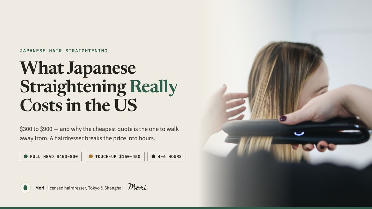 Japanese hair straightening cost in the US 2026 — a stylist flat-ironing a client's hair, with the typical full-head and touch-up price ranges