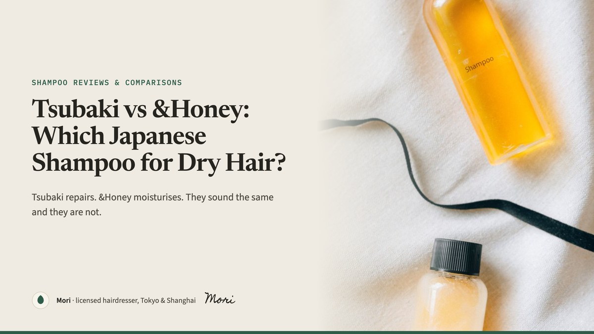 Tsubaki vs &Honey cover: shampoo and conditioner bottles in a flat lay on white fabric